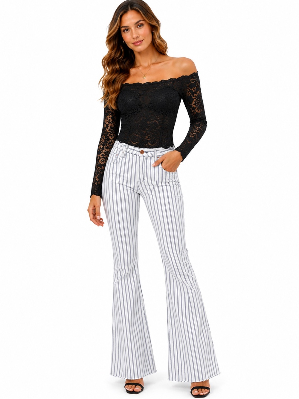 Judy Blue White Jeans with Navy Vertical Windowpane Stripes